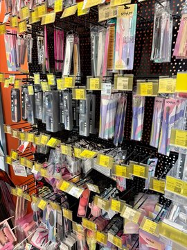 26.07.2026 Ukraine, Kharkov Beauty Tools and Makeup Accessories Displayed on Supermarket Store Shelf