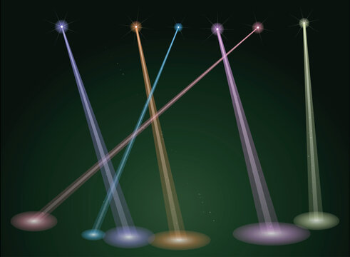 Abstract design with intersecting multicolored laser light beams on dark