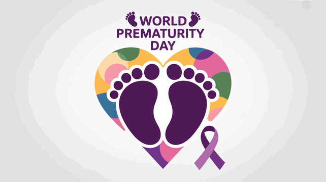 World Prematurity Day illustration showing colorful heart with purple baby footprints