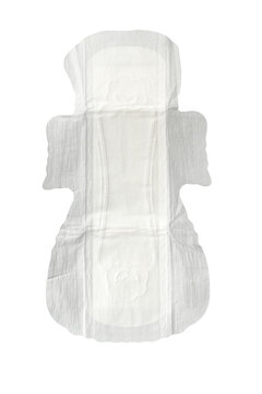 White isolated sanitary pad with wings &mdash; clean absorbent menstrual pad on white background (top view, cut-out)