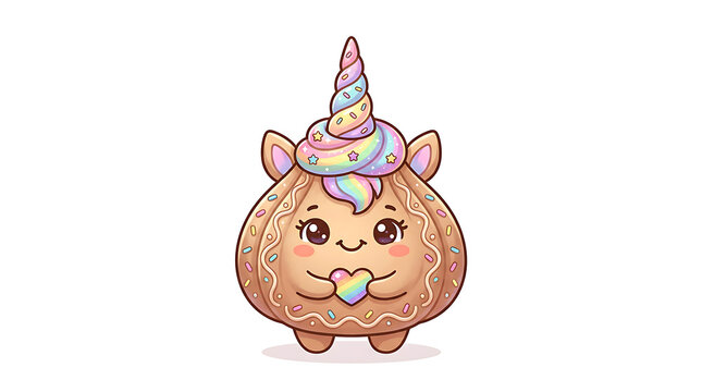 Cute cartoon gingerbread cookie unicorn character holding a colorful heart.