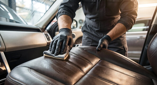 Close up of hand cleaning leather car seat with cloth, automotive detailing and hygiene concept.