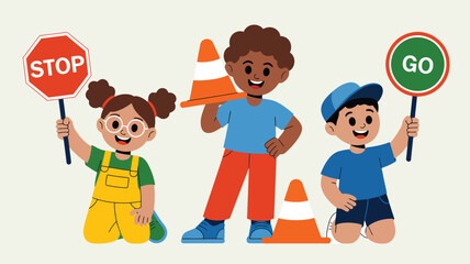 Obraz premium Young cartoon children enthusiastically holding stop and go signs with bright orange traffic cones