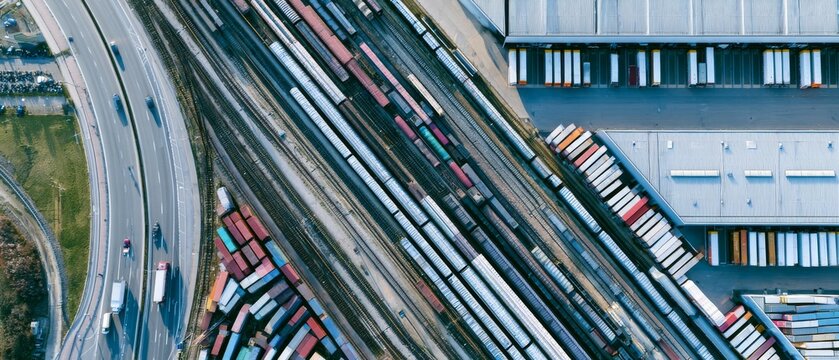 Trucks and cargo containers are lined up near train tracks in a logistics area