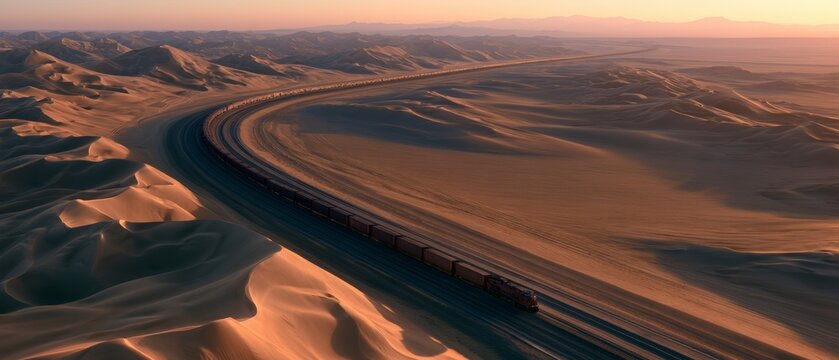 Train travels across a desert landscape during sunset with rolling sand dunes in the background