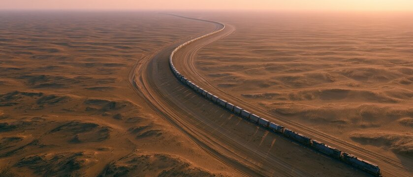 Train travels through desert landscape during sunset in a winding route
