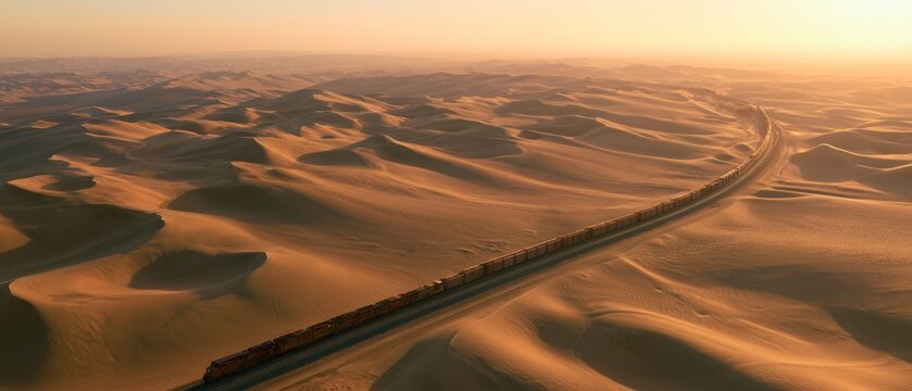 Train travels through vast desert landscape during sunset with endless sand dunes stretching in the background