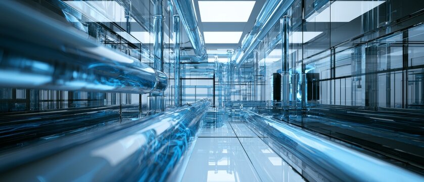 Computer generated image of a futuristic corridor with transparent elements and blue accents