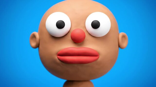Claymation Character with Big Eyes and Lips on Blue Background.