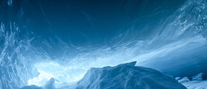 View inside an ice cave with light shining on the icy walls at noon in a cold climate