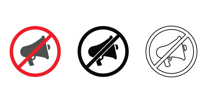 No megaphone icons, prohibition sign with loudspeaker, silence or mute symbol, forbidden sound concept.