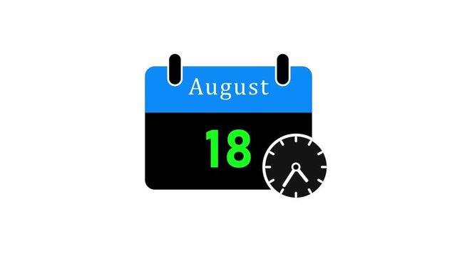August 18th calendar date with clock symbol modern flat