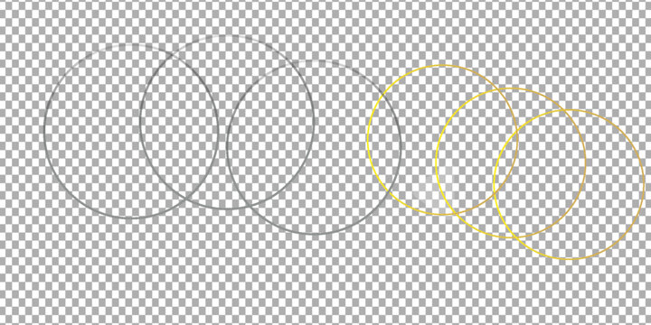 Round shiny frames with glowing effects. Set of three gold, silver and rose gold round frames with shadows on transparent background. Vector illustration