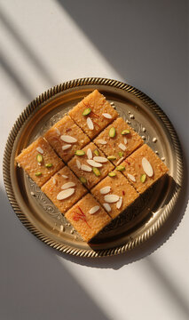 Homemade Gujarati Mohanthal Sweet Squares with Almonds and Pistachios
