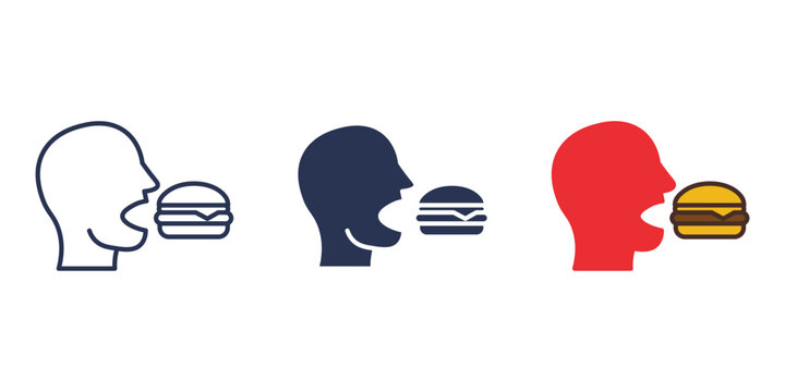 People eating burgers, icons of person consuming food, person with hamburger, fast food concept.