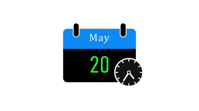 May 20 calendar date with black clock on blue background flat lay