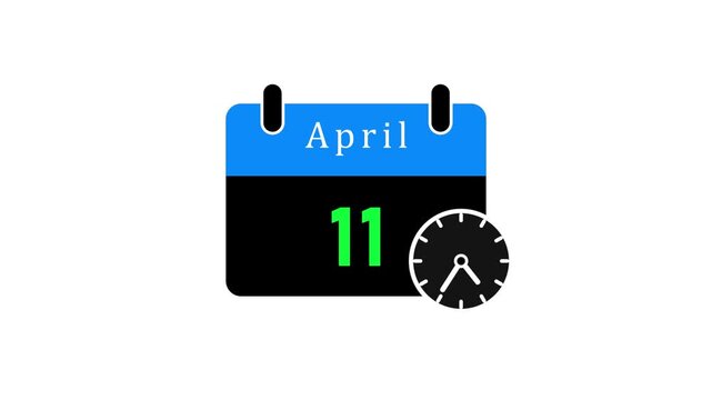 April calendar month with green date and clock symbol flat minimalist style