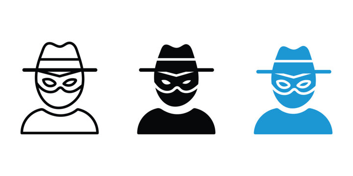 Thief icon, person in hat and mask, spy or criminal symbol, disguise silhouette for crime concept.