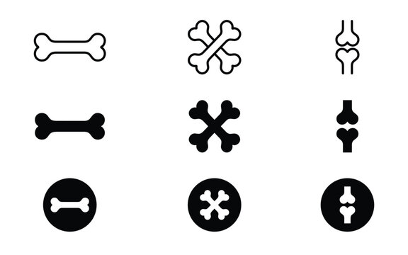 Bone and joint icons, human skeletal system elements, medical and science symbols, dog bone shapes.