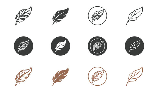 Feather icons set showing multiple artistic styles including linear thin stroke solid black filled and brown colored flat quill illustrations.