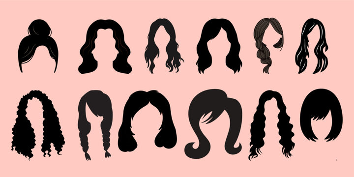 Vector Collection of Women Hairstyle Black Silhouettes Including Braid Bun and Curly Hair