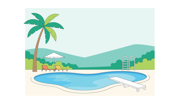 Relaxing empty swimming pool area at a summer resort with a palm tree, diving board, and comfortable sun loungers.
