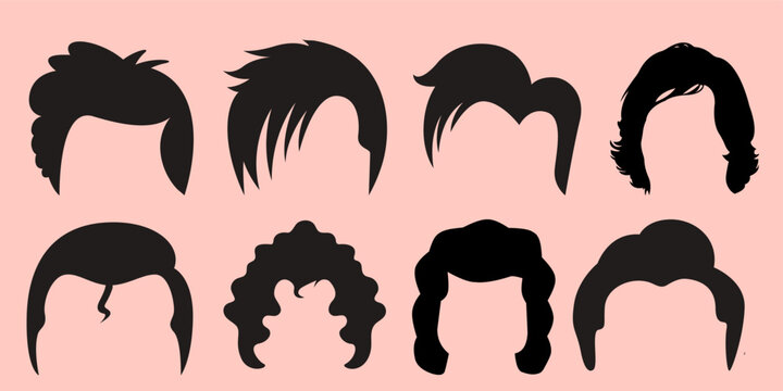 Vector Set of Men Haircuts Silhouettes Featuring Emo Punk and Vintage Curly Hairstyles