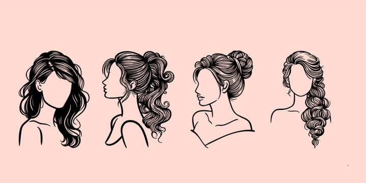 Elegant Women Line Art Vector Set Featuring Ponytail Bun and Side Braid Hairstyles