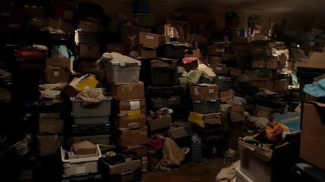 Overwhelmed Storage Room Filled with Cardboard Boxes, Plastic Bins, and Clutter; Hoarding Disorder Concept