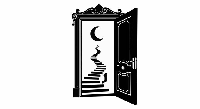 Mysterious doorway opens to a moonlit staircase leading to the night sky