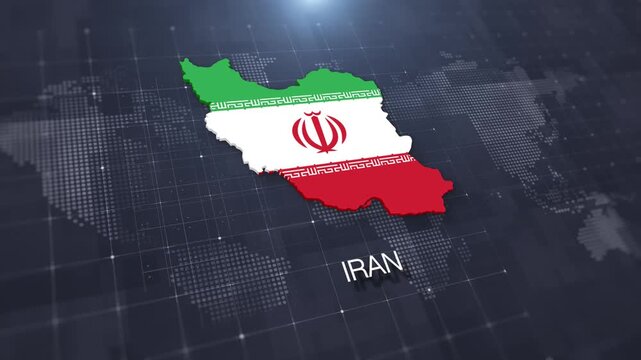 Iran map with national flag on digital world map background, geographic border, global political and international news concept