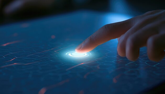 Close-up of a finger interacting with a futuristic glowing digital interface.