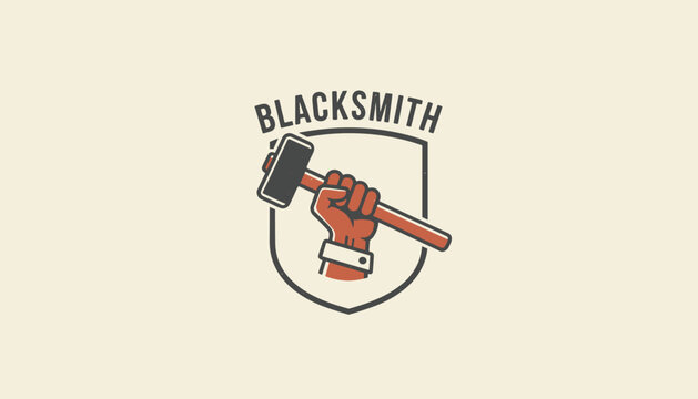 Blacksmith shield logo template showing a hand holding a large forging hammer on a clean beige background.