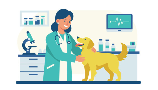 Friendly female veterinarian examining a happy golden retriever dog in a modern medical clinic setting.