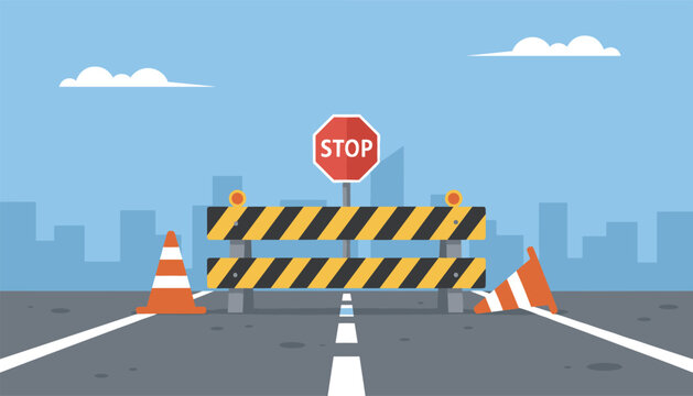 Road closed barricade with a stop sign and orange traffic cones on an empty asphalt street with a city silhouette.