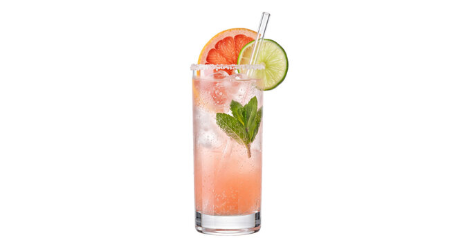 Refreshing pink grapefruit and lime cocktail with mint and ice