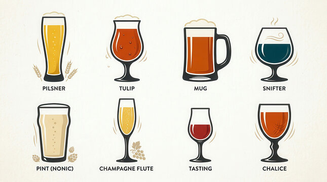 Set of various beer and beverage glassware icons with names on a light background