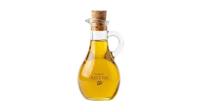 Elegant glass bottle filled with golden olive oil and cork stopper