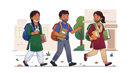 Fototapeta premium Indian school children walking with books and backpacks wearing masks