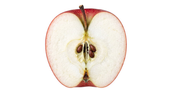 Close-up view of a red apple cut in half revealing its seeds and core