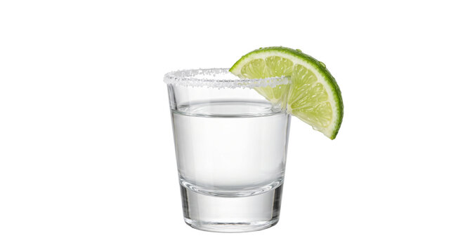 Clear shot of tequila with salt rim and lime wedge on white background