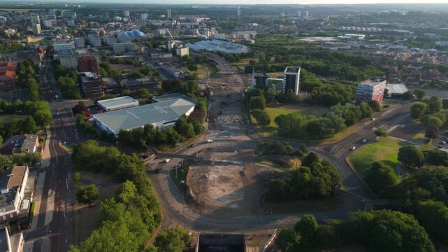 Gateshead UK: 20th July 2026: The demolition of the Gateshead Flyover drone footage. Nearby buildings and open areas are visible, with construction work ongoing