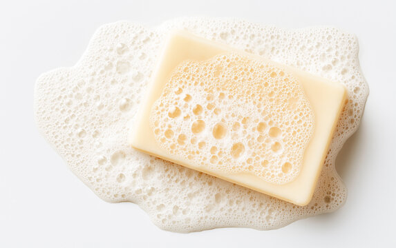 Soap bar and foam on white background, top view. Mockup for design