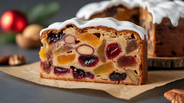 Slice of fruitcake with dried fruits and white icing, displayed on parchment paper with holiday decorations in background