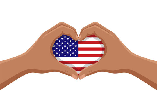 Hands making heart shape with USA flag vector, patriotic American love and diversity concept illustration isolated on white