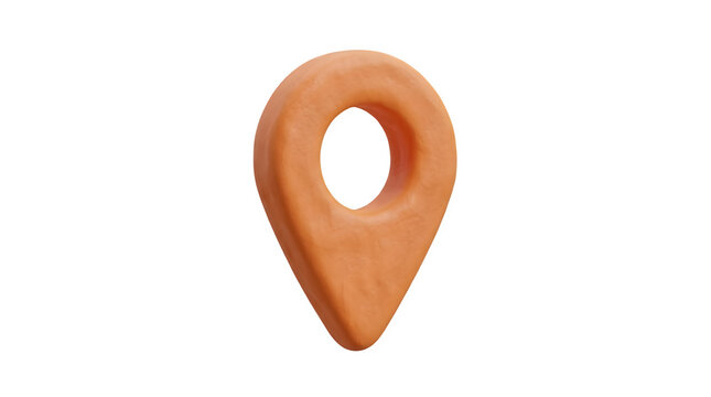 Clay location pin icon, orange plasticine map pointer on white background, handmade 3D navigation marker for travel apps