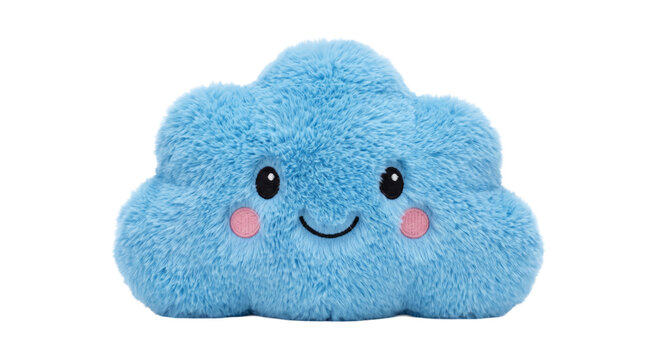 Cute fluffy blue cloud plush toy with a happy face and rosy cheeks