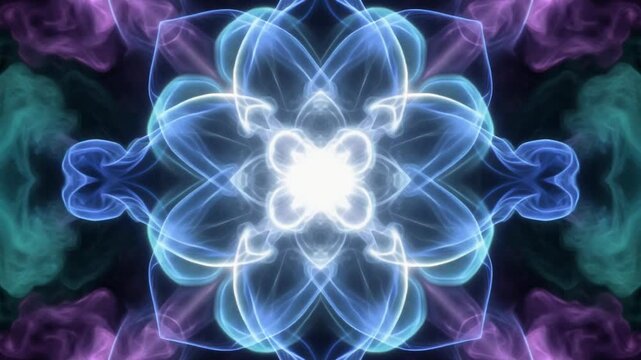 白く輝くエネルギー核をシアンと青と紫の発光する霧が花のように対称的に包み込む