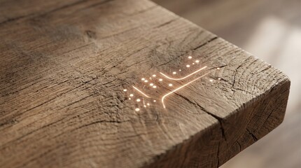 Fototapeta premium Extreme close up of calm technology light circuit interface embedded in reclaimed oak wood desk