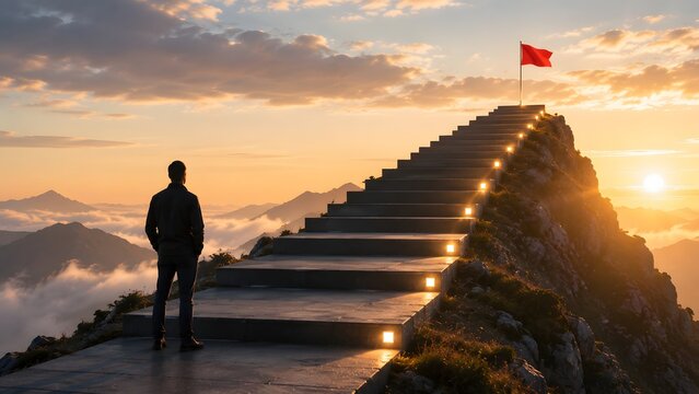 Man standing on mountain stairs leading up to red flag goal.